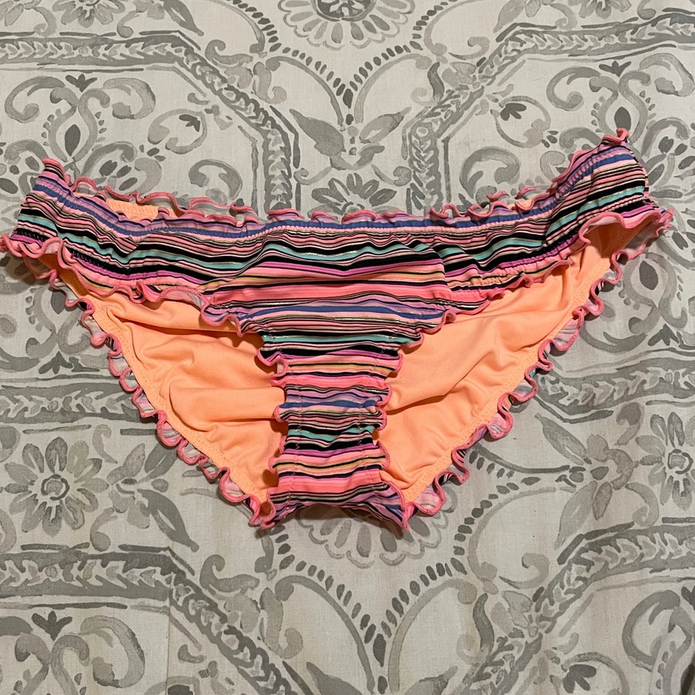 Victorias Secret Ruffled Cheeky Bikini Swim Bottoms Striped